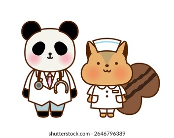 Cute Animal Doctor and Nurse Illustration Set featuring Panda and Squirrel