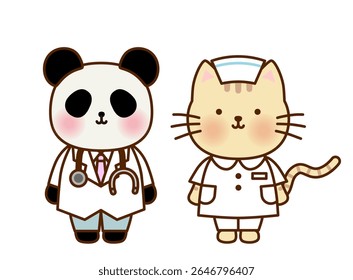 Cute Animal Doctor and Nurse Illustration Set featuring Panda and Cat