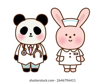 Cute Animal Doctor and Nurse Illustration Set featuring Panda and Rabbit