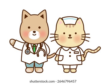 Cute Animal Doctor and Nurse Illustration Set Featuring Dog and Cat