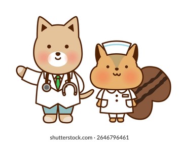 Cute Animal Doctor and Nurse Illustration Set Featuring Dog and Squirrel
