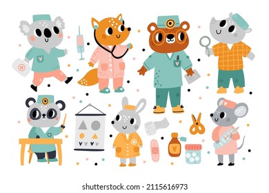 Cute animal doctors. Medical characters with different tools in uniform. Koala with first aid kit. Fox with stethoscope. Panda optometrist. Pediatrician and nurse. Vector