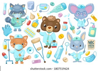Cute animal doctors and medical tools, vector clipart on white background. Face mask, gloves and hand sanitizer icon. Medical banner for kids clinic. Hospital staff character. Funny doctor profession