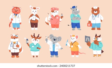 Cute animal doctors set. Funny medical characters. Hospital healthcare workers. Funny health care mascots in uniform, comic tiger, bear, rabbit, cat, mouse and owl. Isolated flat vector illustrations