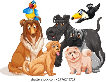 Cute animal dog group isolated on white background illustration