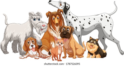 Cute animal dog group isolated on white background illustration