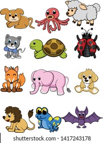 Cute animal dog octopus sheep cat turtle ladybug fox elephant lion frog bat  vector illustration set