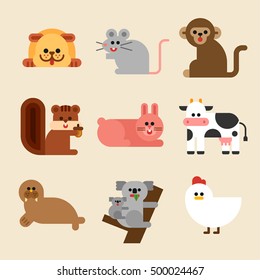 cute animal dog rabbit monkey mouse squirrel seal cow koala vector illustration flat design