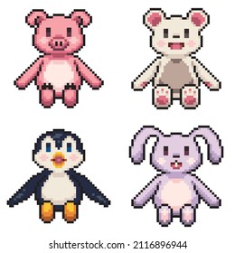 Cute animal doll collection 8 bit pixelated illustration