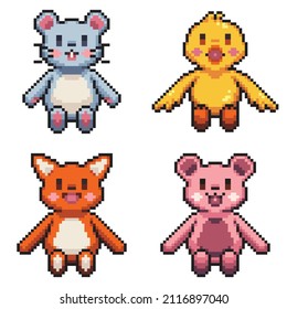 Cute animal doll set 8 bit pixelated illustration