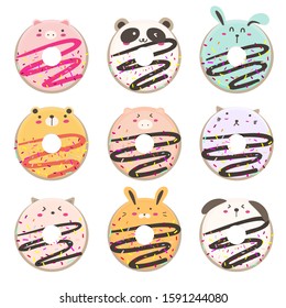 Cute Animal Donut Cartoon Set. Vector Illustration.