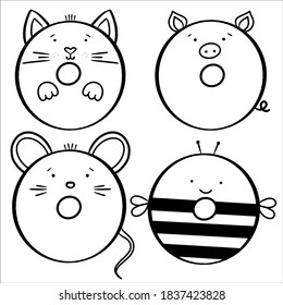 Cute animal donut cartoon set. Vector illustration.