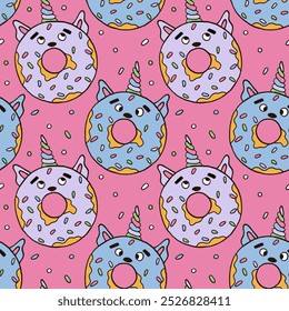 Cute animal donut seamless pattern. Unicorn donuts for nursery wrapping paper fabric and textile print. Vector illustration