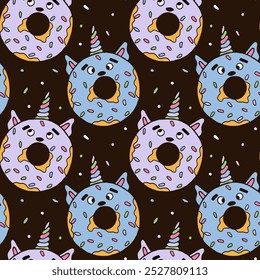 Cute animal donut seamless pattern. Unicorn donuts for nursery wrapping paper fabric and textile print. Vector illustration