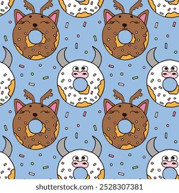 Cute animal donut seamless pattern. Doodle donuts for nursery wrapping paper fabric and textile print. Vector illustration