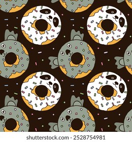 Lindo animal donut sin patrón. Donuts de panda y koala para la tela de papel de embalaje de vivero y la impresión textil. Ilustración vectorial