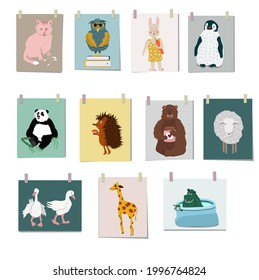 Cute animal drawing on a sheet attached to the wall, decor for children's interior, vector illustrations for design. Hippo, Panda, Rabbit, giraffe, Sheep, Cat, Bear, Hedgehog, Owl, Goose