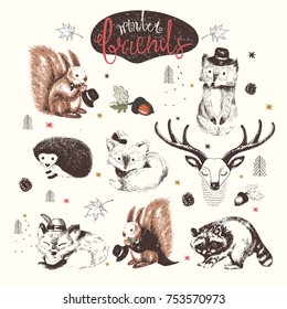 Cute Animal drawings set. vector hand drawn sketches.squirrel; raccoon; hedgehog; foxes; deer;hedgehog