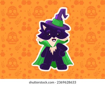 Cute animal dressed up for Halloween. Halloween themed background. Cartoon Vector Icon Illustratio. flat illustration. Cute puppy dressed up like sorcerer. Orange Halloween background