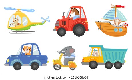 Cute animal drivers. Animal driving car, tractor and truck. Toy helicopter, sailboat and urban scooter. Driver and pilot, animals on street vehicle. Cartoon isolated vector illustration icons set