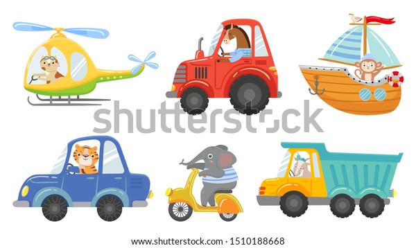 Cute animal drivers. Animal driving car, tractor and\
truck. Toy helicopter, sailboat and urban scooter. Driver and\
pilot, animals on street vehicle. Cartoon isolated vector\
illustration icons set