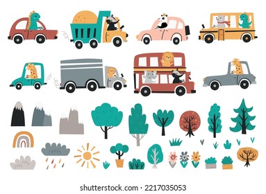 Colección de coches de conducción animal. Transporte, árboles, flores, hierba y fenómenos naturales