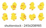 Cute Animal Duck characters set. Hand drawn farm animal cartoon design of yellow duck, duckling, chick in different pose. Adorable baby duck illustration for sticker, clipart, education.