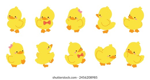 Cute Animal Duck characters set. Hand drawn farm animal cartoon design of yellow duck, duckling, chick in different pose. Adorable baby duck illustration for sticker, clipart, education.