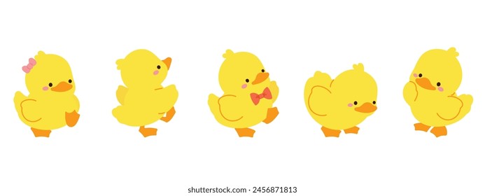 Cute Animal Duck characters set. Hand drawn farm animal cartoon design of yellow duck, duckling, chick in different pose. Adorable baby duck illustration for sticker, clipart, education.