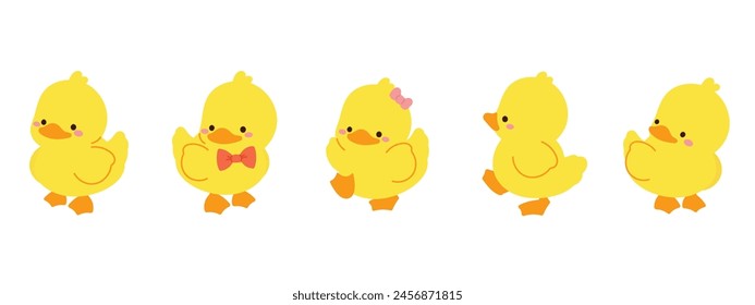 Cute Animal Duck characters set. Hand drawn farm animal cartoon design of yellow duck, duckling, chick in different pose. Adorable baby duck illustration for sticker, clipart, education.