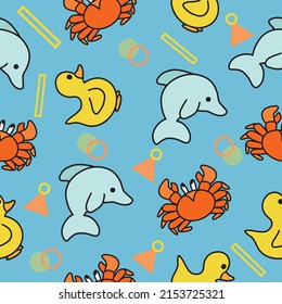 Cute Animal Duck Dolphin and Crab Seamless Pattern doodle for Kids and baby