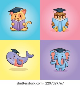 Cute animal education cat owl whale elephant with book hand drawn cartoon illustration set
