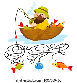 Cute animal educational maze game. Vector illustration of maze(labyrinth) educational game with cute cartoon fisherman and fishs for children