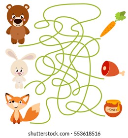 Cute animal educational maze game. Vector illustration of maze(labyrinth) educational game with cute cartoon rabbit, fox, bear for children
