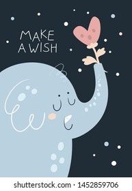 Cute animal elephant with heart flower. Make a wish. Happy birthday, invitation, celebration. Cartoon character illustration. For print, poster, calendar, decoration, textile, card, souvenirs