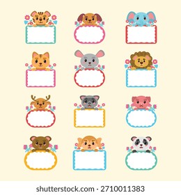 Animal lindo con el Tablero vacío, etiquetas de nombre y marcos coloridos Colección de ilustración