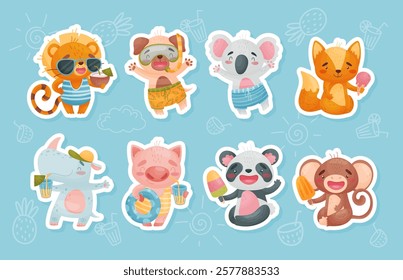 Cute Animal Enjoy Summer Have Vacation Rest Vector Set