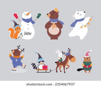 Cute Animal Enjoying Winter Season Vector Illustration Set
