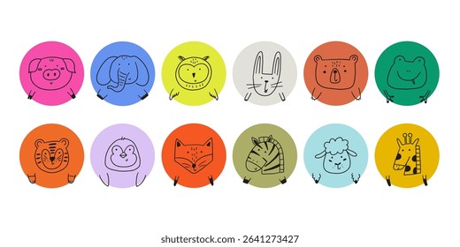 Cute animal face avatar. Cartoon head character animal kid baby icon. Doodle vector illustration