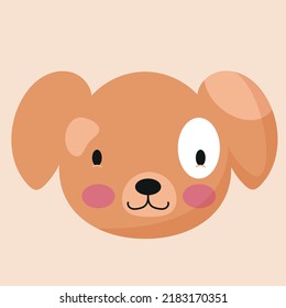 Cute Animal Face, Avatar, Dog Muzzle, Head. Nursery Character Card For Childish Design Of Wrapping Paper, Fabric, Textile, Poster, Invitation, Graphic, Print. Flat Cartoon Vector Illustration