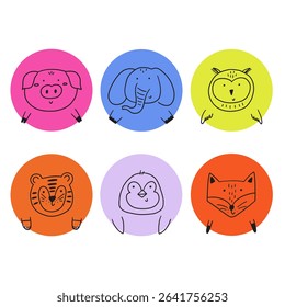 Cute animal face avatar graphic. Cartoon head character animal kid baby icon. Doodle vector illustration