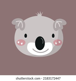 Cute Animal Face, Avatar, Koala Muzzle, Head. Nursery Character Card For Childish Design Of Wrapping Paper, Fabric, Textile, Poster, Invitation, Graphic, Print. Flat Cartoon Vector Illustration