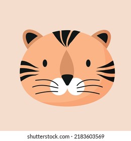 Cute animal face, avatar, tiger head, muzzle. Nursery character card for childish design of wrapping paper, fabric, textile, poster, invitation, graphic, print. Flat cartoon vector illustration

