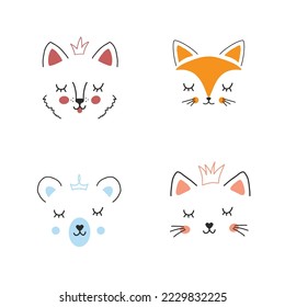 Cute Animal face. Cartoon animals collection, dog, fox, bear and cat. Vector illustration.