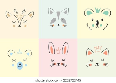 Cute Animal face. Cartoon animals collection, deer, raccoon, koala, bear, rabbit and cat. Vector illustration.