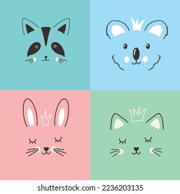 Cute Animal face. Cartoon animals collection, raccoon, koala, rabbit and cat. Vector illustration.