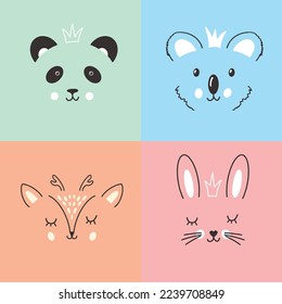 Cute Animal face. Cartoon animals collection, panda, deer, koala and rabbit. Vector illustration.