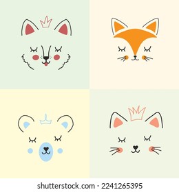 Cute Animal face. Cartoon animals collection, dog, fox, bear and cat. Vector illustration.