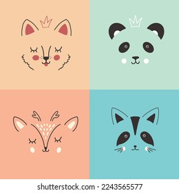 Cute Animal face. Cartoon animals collection, dog, panda, deer and raccoon. Vector illustration.