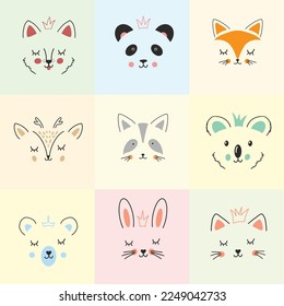 Cute Animal face. Cartoon animals collection, dog, panda, fox, deer, raccoon, koala, bear, rabbit and cat. Vector illustration.